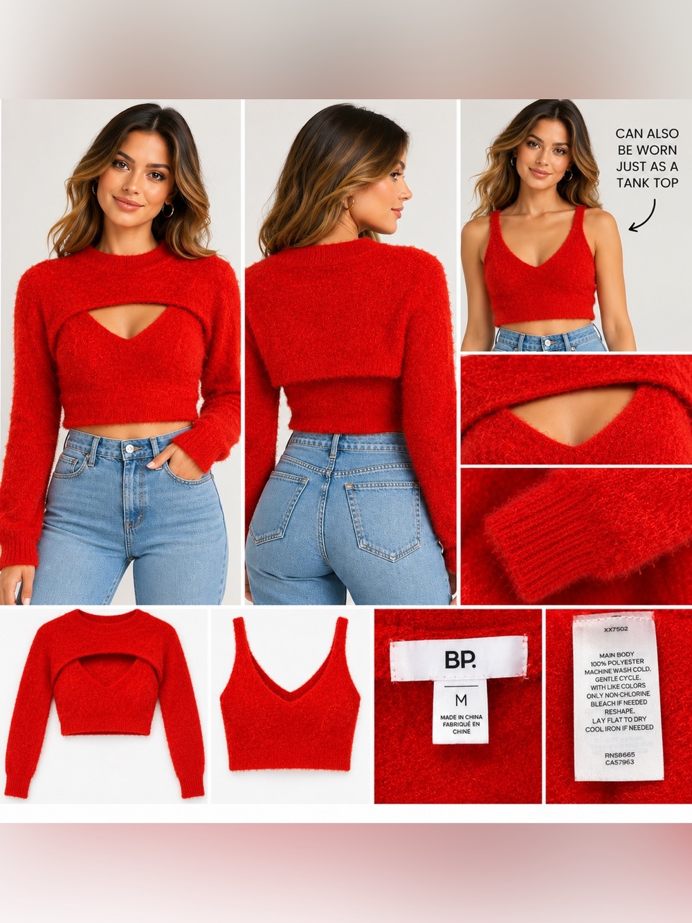 bp Red Fuzzy Cutout Cropped Sweater & V‑Neck Tank Set